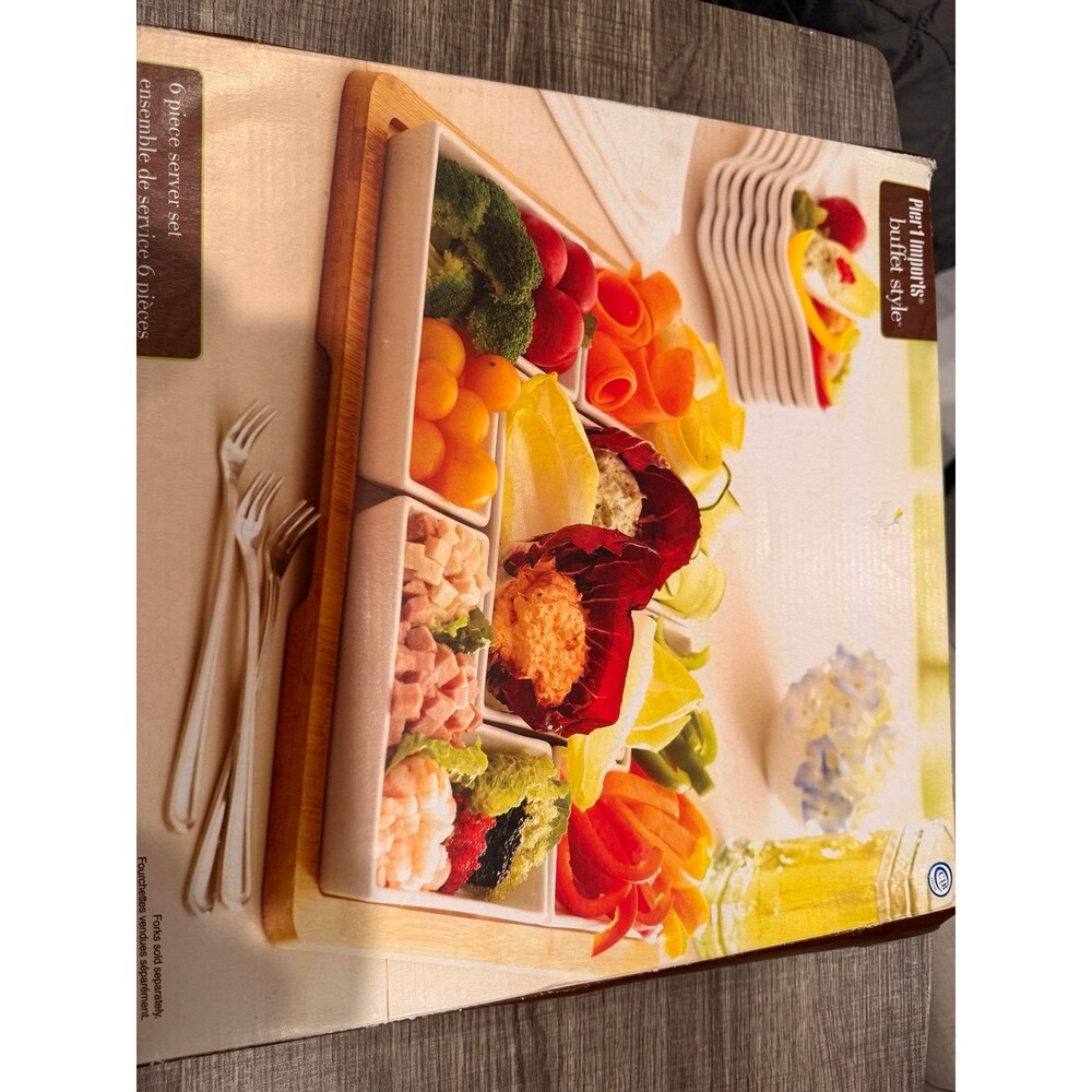 Pier 1 Imports Buffet Style 6-Piece Ceramic Serving Tray Set with Bamboo Tray